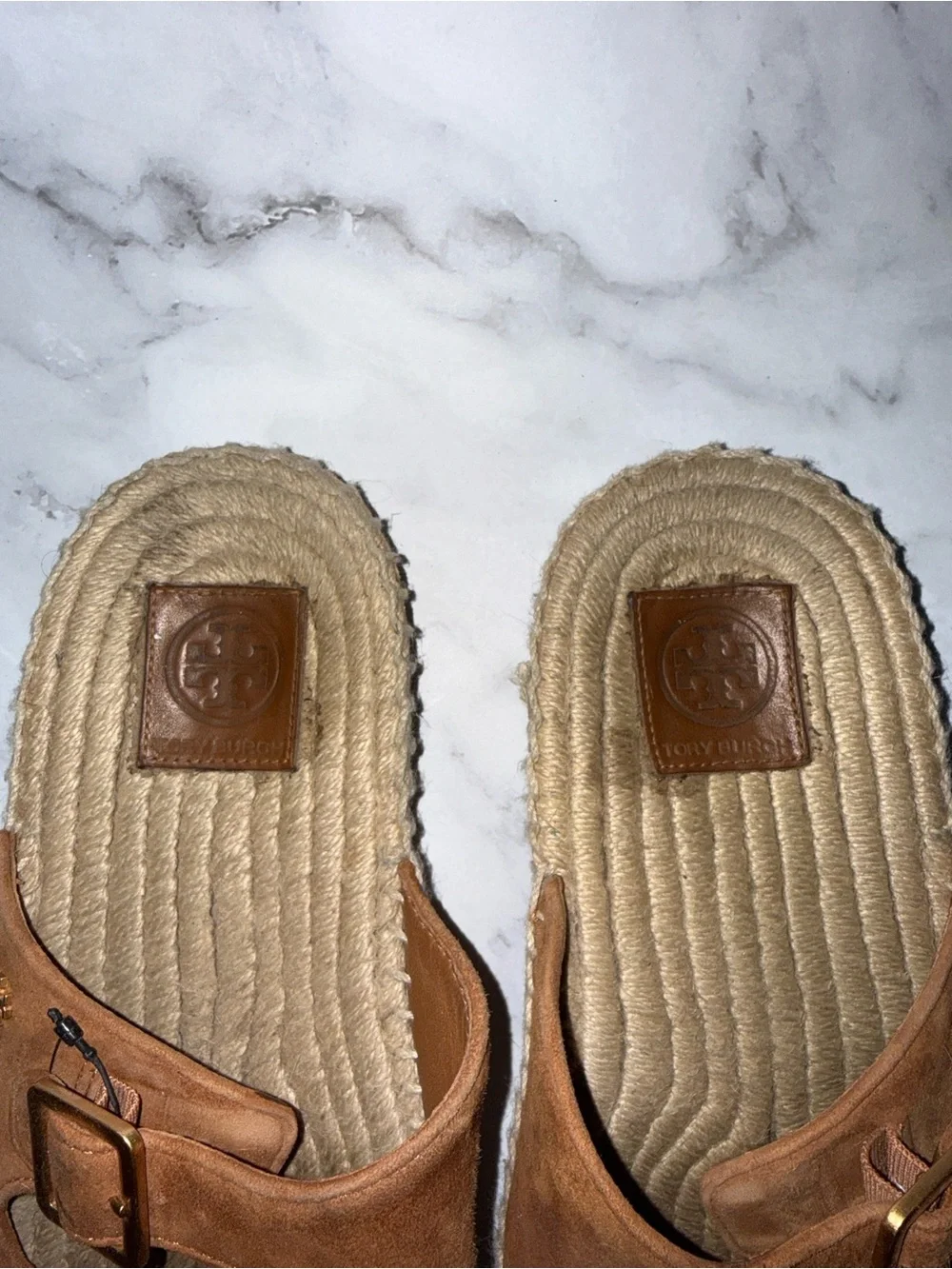 Tory Burch Tan Suede Double-Buckle Espadrille Slide Sandals